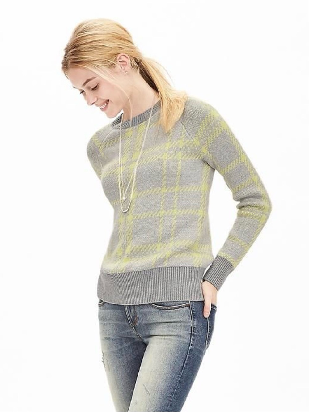 Banana Republic Plaid Crewneck Sweater Gray Yellow Small